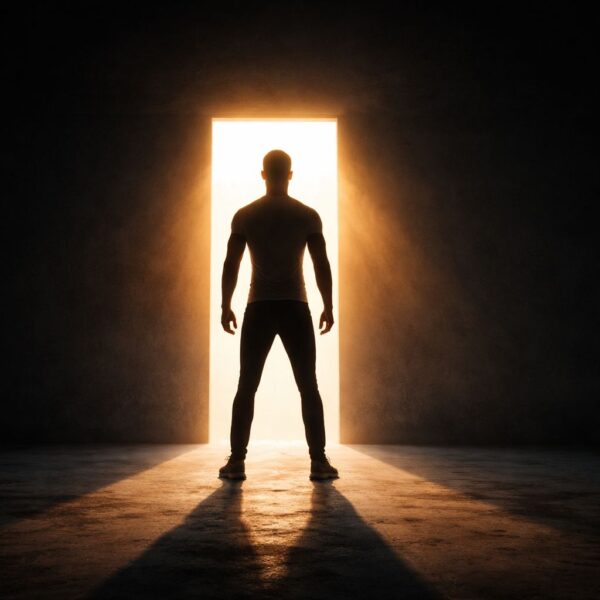 Persoon in deuropening licht en donker – symbool voor persoonlijke groei en pijnvrij bewegen.